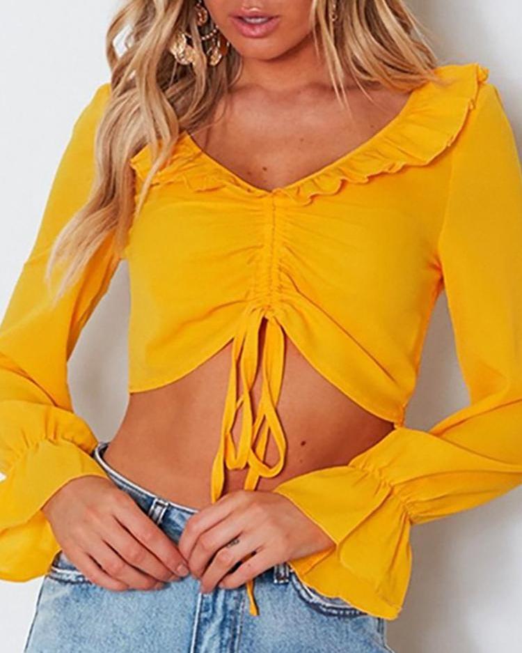 

Ruffles Drawstring Design Casual Blouse, Yellow