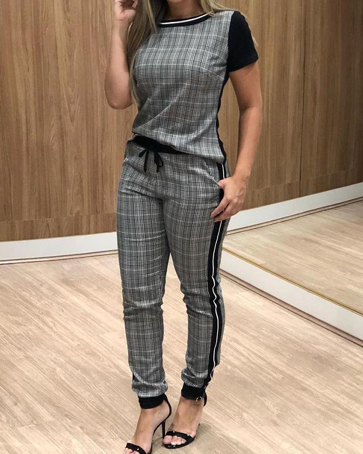

Side Striped Plaid Print Drawstring Casual Pants Set, Gray