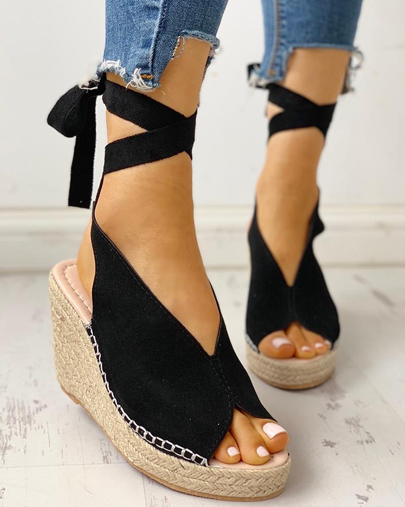 

Suede Knotted Ankle Platform Wedge Sandals, Black