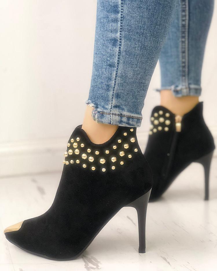 

Rivets Embellished Pointed Toe Thin Heels, Black