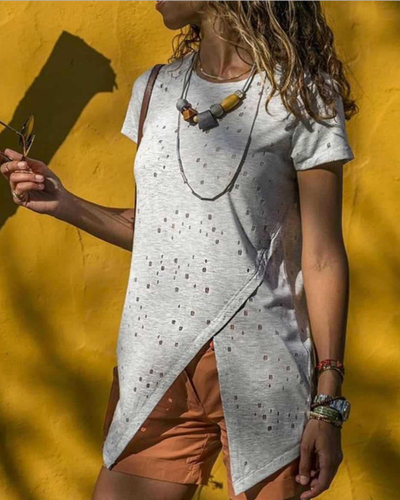 

Raw Cut Holey Round Neck Slit T-shirt, White