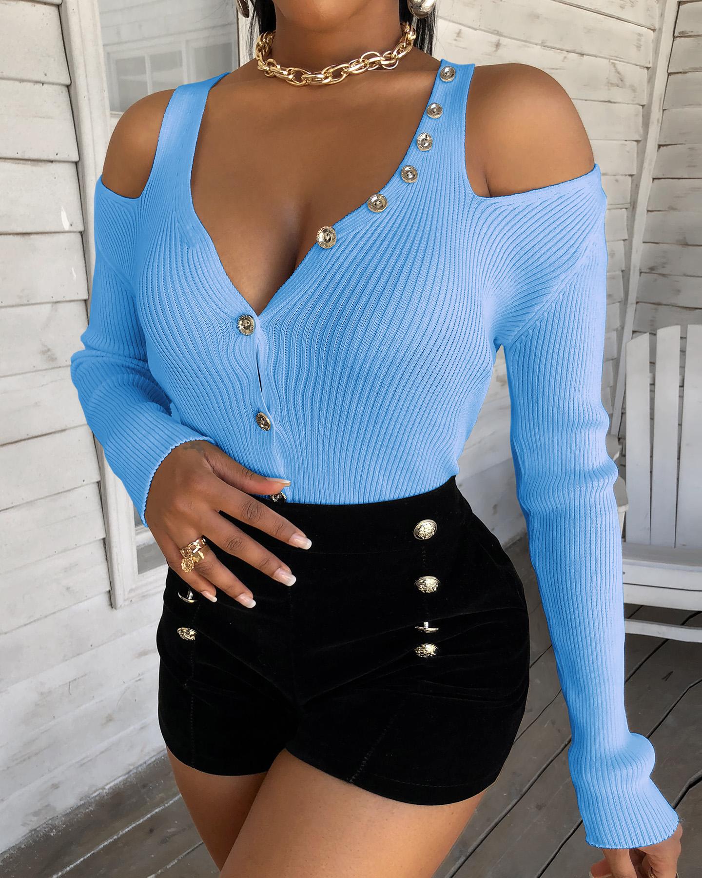 

Cold Shoulder Buttoned Knit Top, Blue