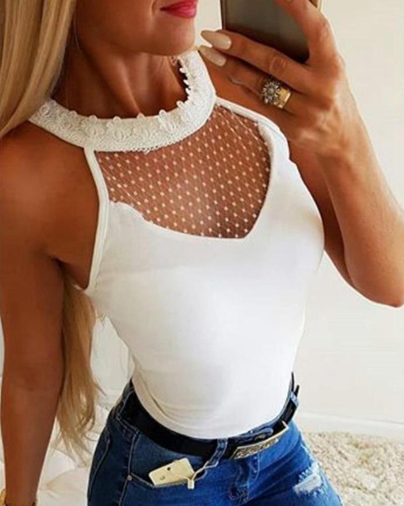 

Halter Sleeveless Lace Insert Keyhole Back Bodysuit, White