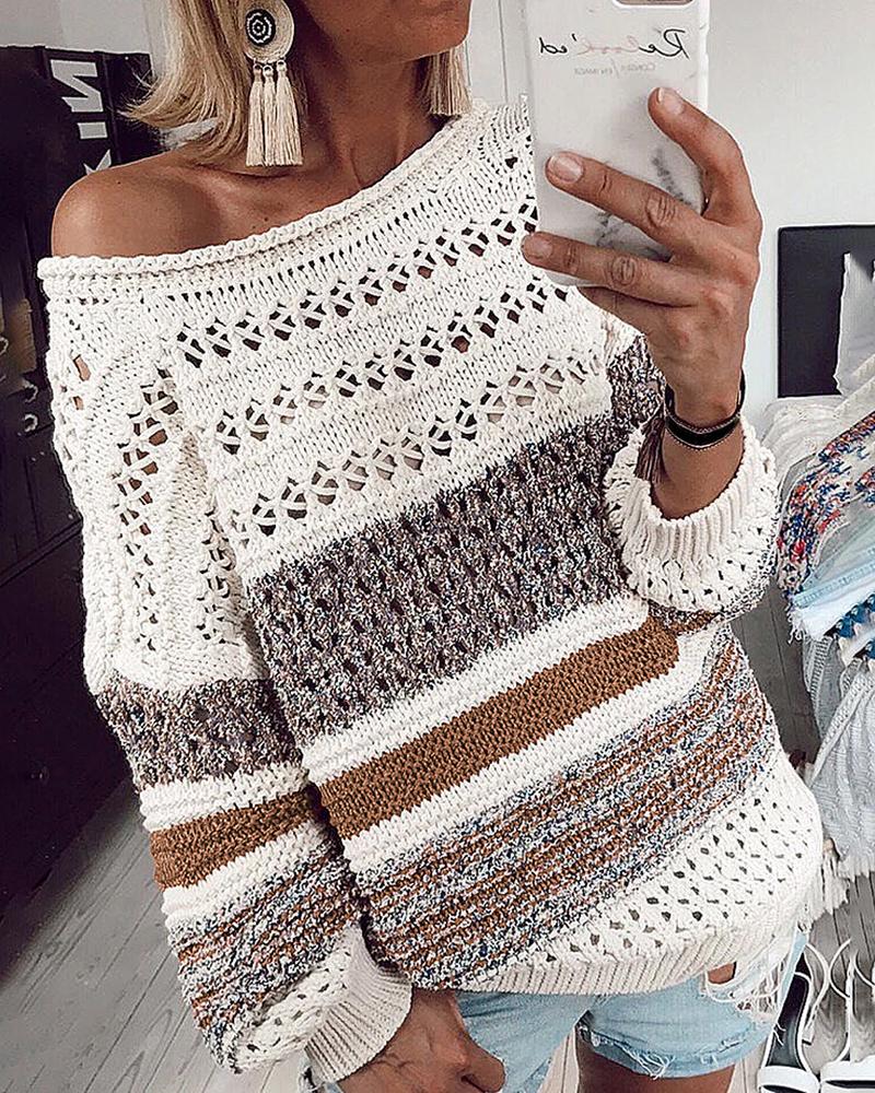 

Striped Colorblock Hollow Out Knit Sweater, Coffee