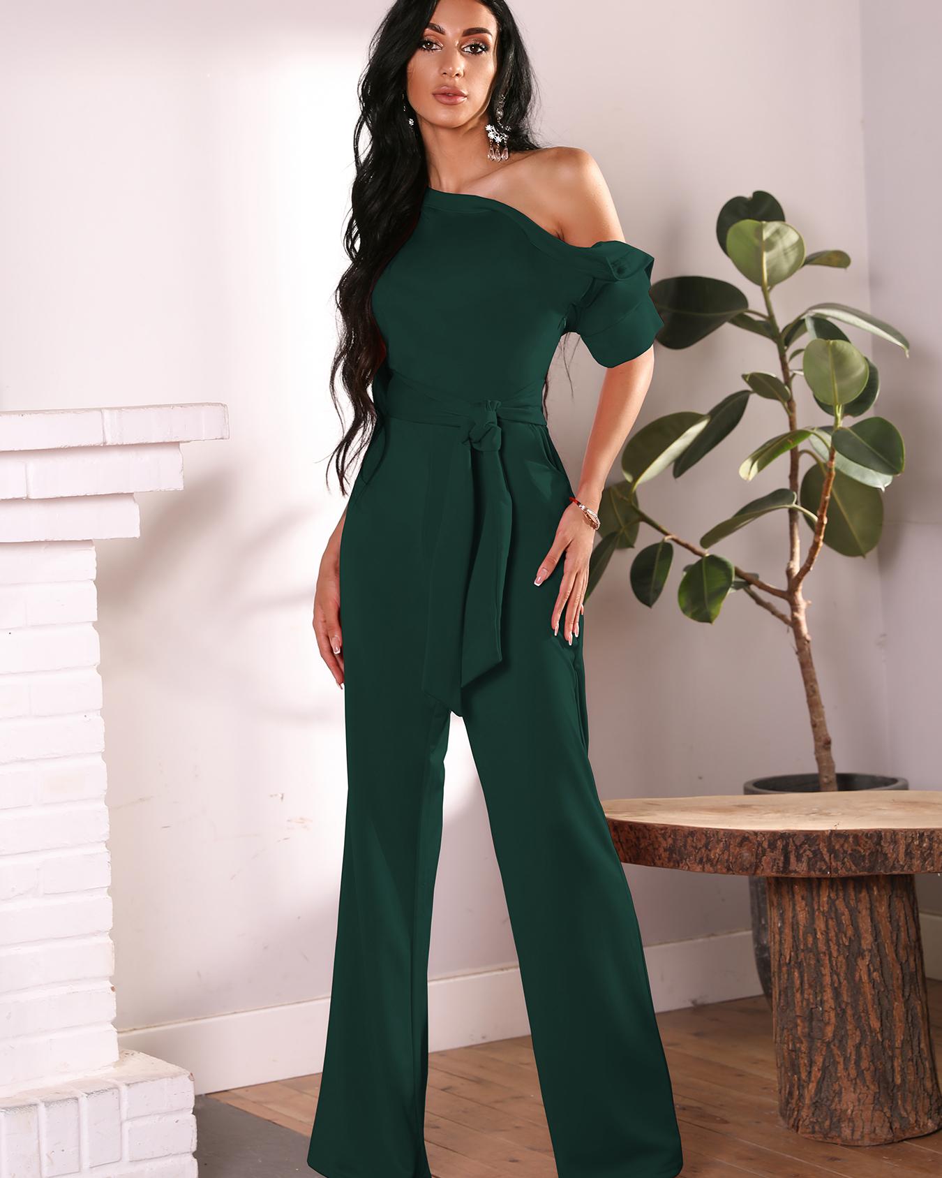 

Solid One Shoulder Tied Waist Flared Jumpsuit