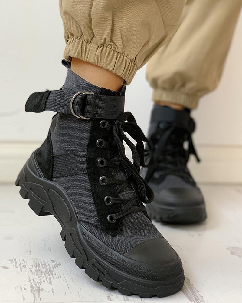 

Colorblock Lace-Up Platform Boots, Black