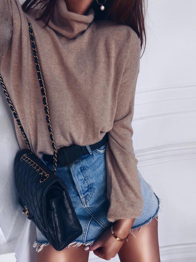 

High Neck Long Sleeve Pullover Blouse, Coffee