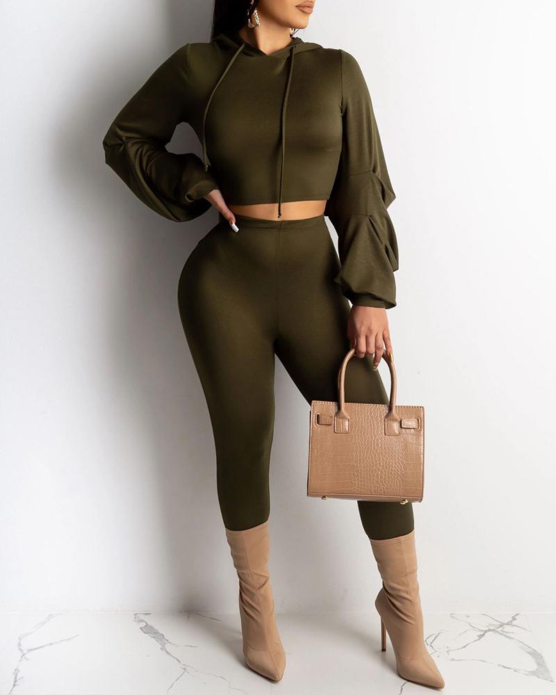 

Hooded Drawstring Long Sleeve Crop Sweatshirt & Pants Sets, Army green