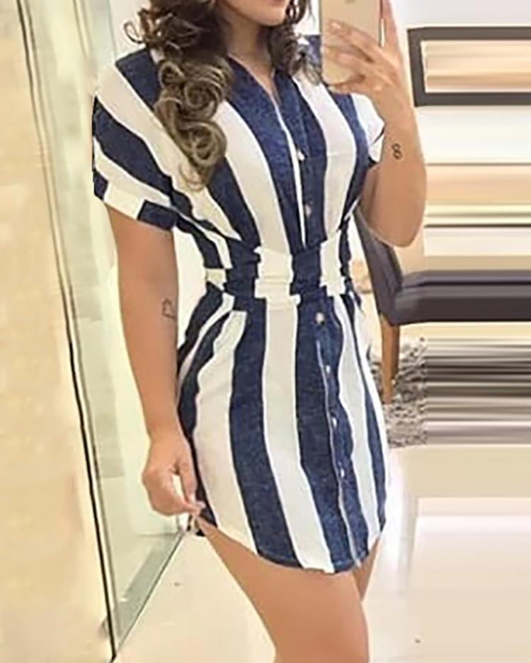 

Striped Knotted Back Curve Hem Dress, Blue