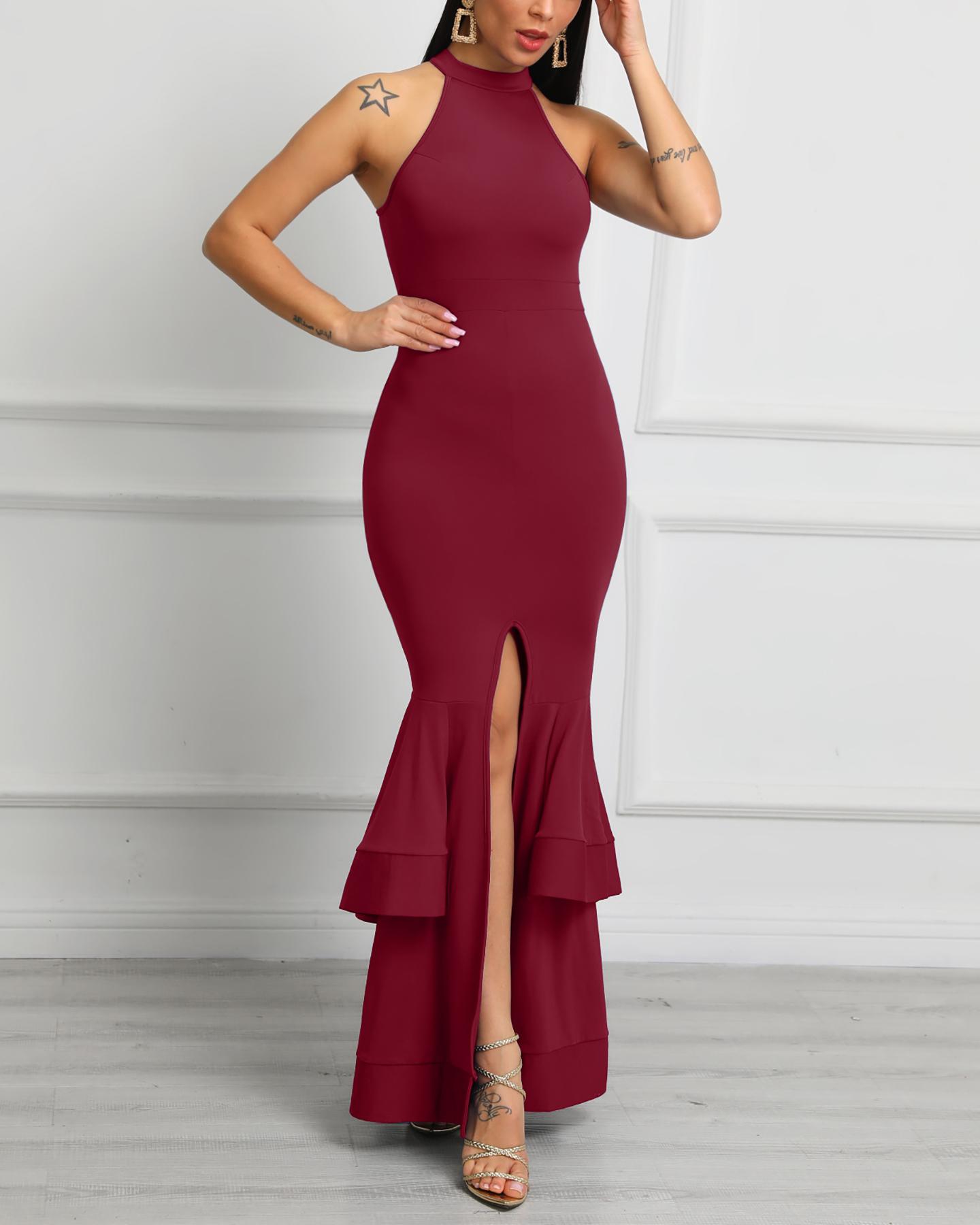 

Haltered Ruffles Mermaid Evening Dress, Wine red