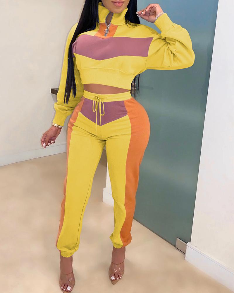

Colorblock Insert Zipper Design Crop Top & Drawstring Pants Sets, Yellow