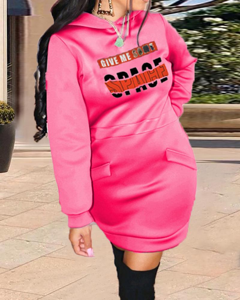 

Plus Size Letter Print Long Sleeve Hooded Sweatshirt Dress, Hot pink