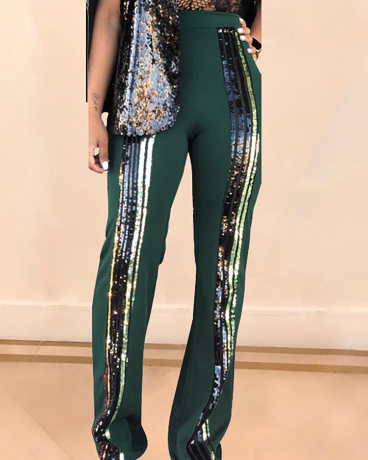 

High Waist Colorful Sequin Insert Pants