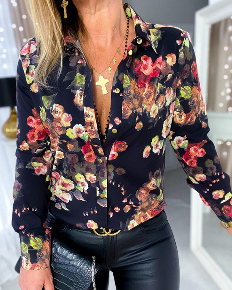 

Floral Print Button Up Top, Black