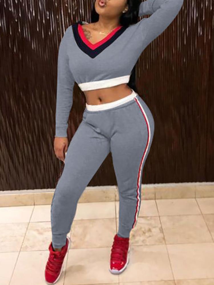 

V-Neck Striped Insert Crop Top & Pant Sets, Gray