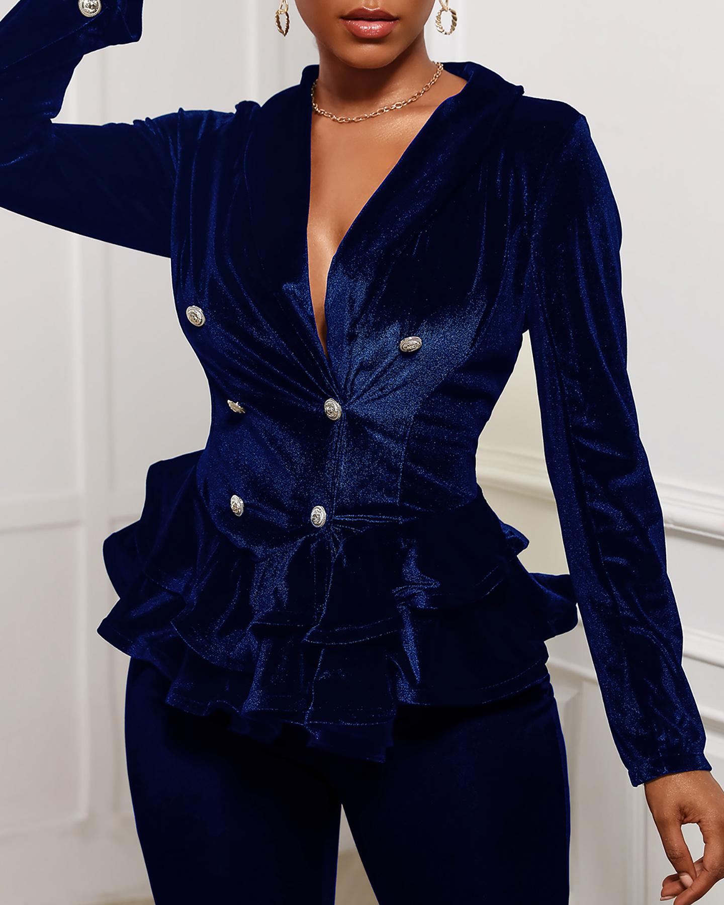 

Double Breasted Velvet Ruffle Blazer & Skinny Pants, Blue