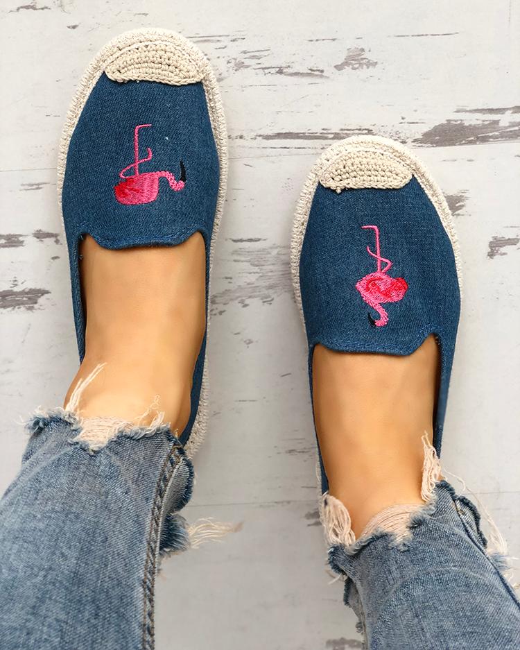 

Flamingo Embroidery Espadrille Flat Shoes, Blue