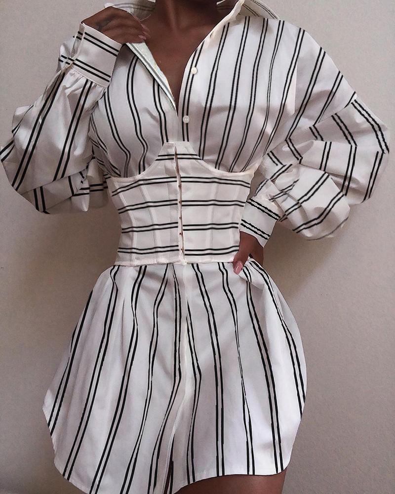 

Striped Tight Waist Casual Shirt Dress, White