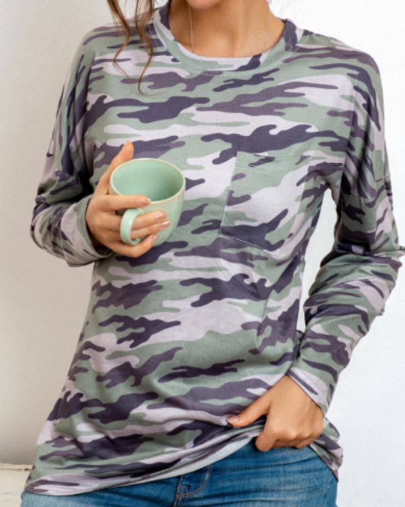 

Camouflage Print Long Sleeve Skinny T-Shirts, Gray