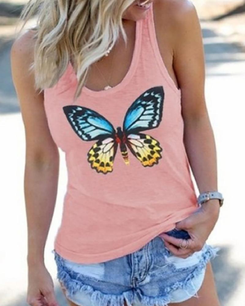 

Butterfly Print Sleeveless Casual Top, Pink