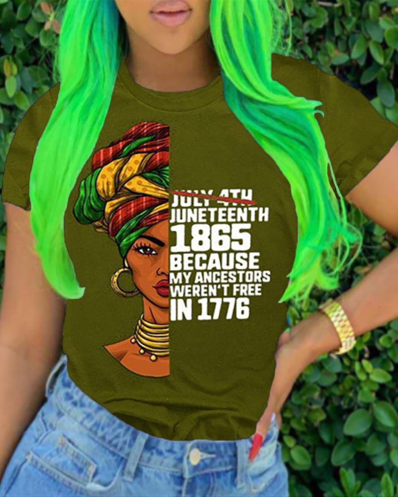 

Figure Letter Print Casual T-shirt, Green