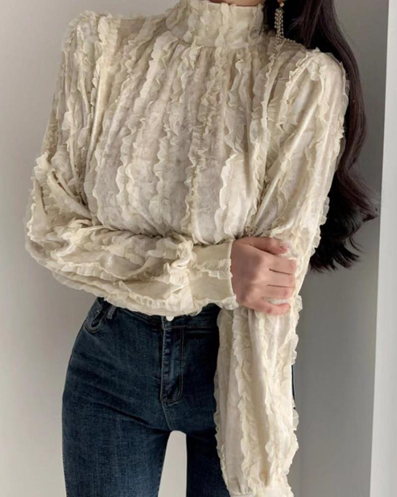 

Ruched Lace Patch Long Sleeve Blouse, Apricot