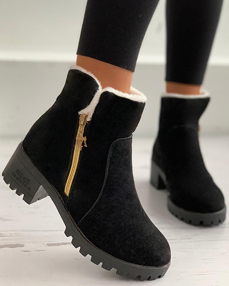 

Zipper Design Lined Chunky Boots, Black