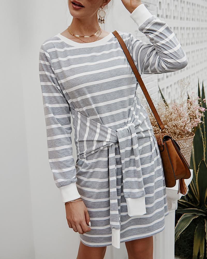 

Striped Colorblock Long Sleeve Knotted Casual Dress, Gray