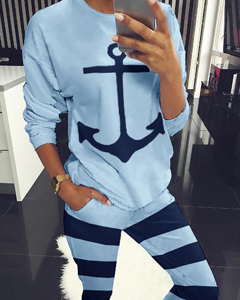

Boat Anchor Print Striped Long Sleeve Top & Shorts Set, Blue