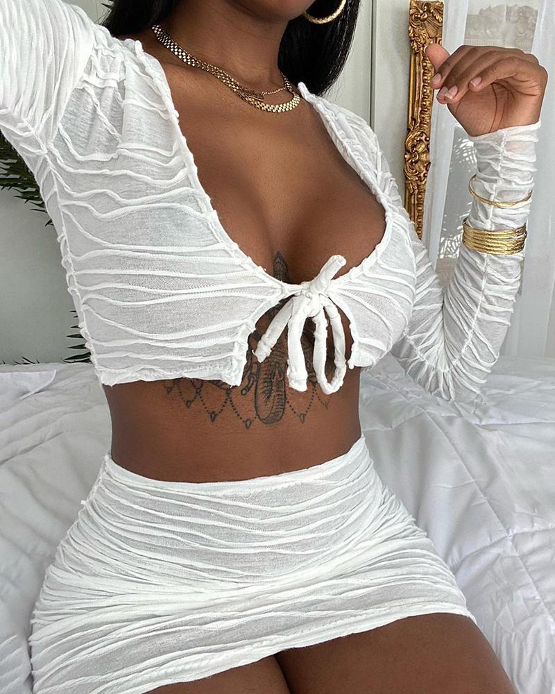 

Tied Front Ruched Detail Crop Top & Mini Skirt Set, White