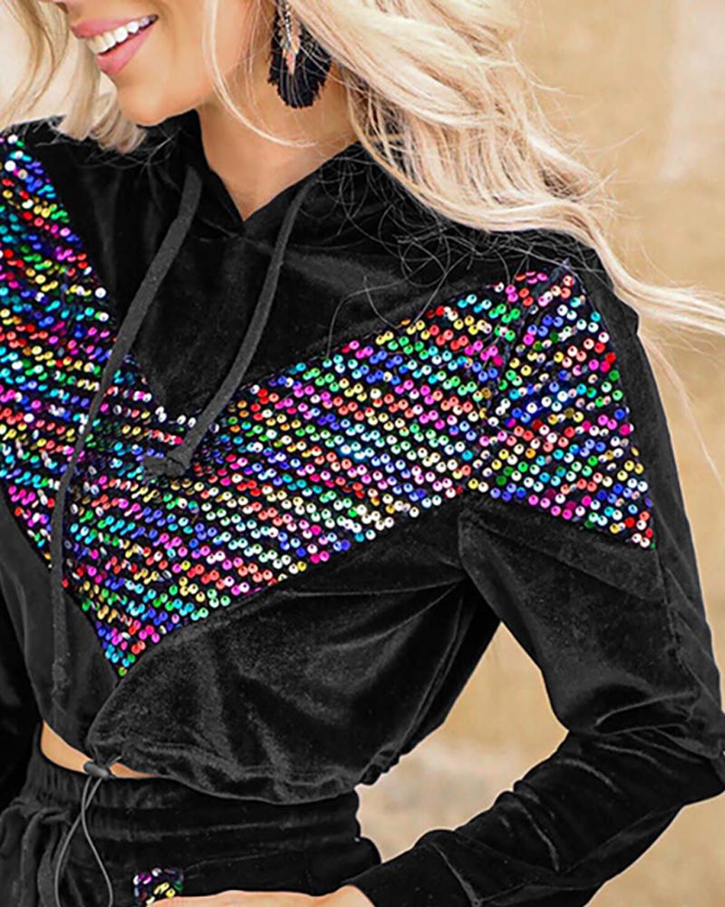 

Studded Colorblock Velvet Hooded Top & Pants Set, Black