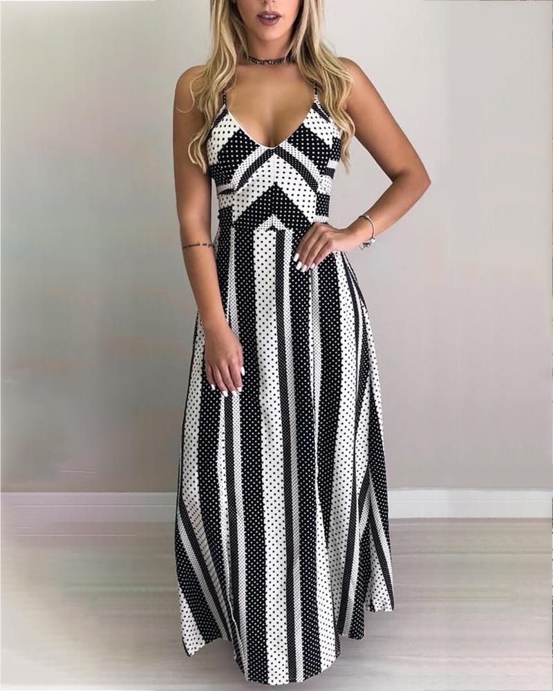 

Dot & Striped Lace-Up Back Maxi Dress, Black