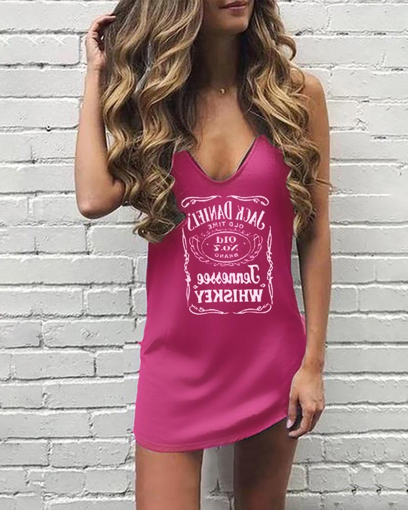 

Letter Print Sleeveless Casual Dress, Hot pink