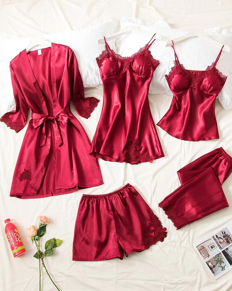 

Satin Slim Fit 5Pcs Pajama Set, Wine red