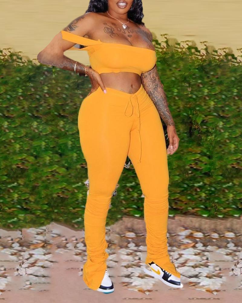 

Solid Thick Strap Casual Top & Drawstring Pants, Yellow