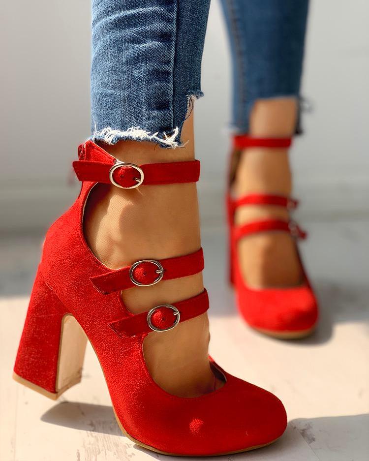 

Suede Multi-Strap Buckled Chunky Heels, Red