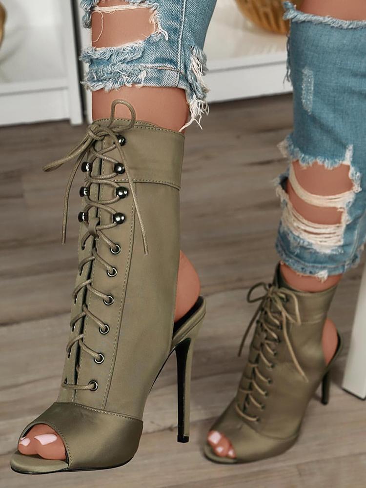 

Eyelet Lace-up Open Toe Stiletto Heels - Army Green