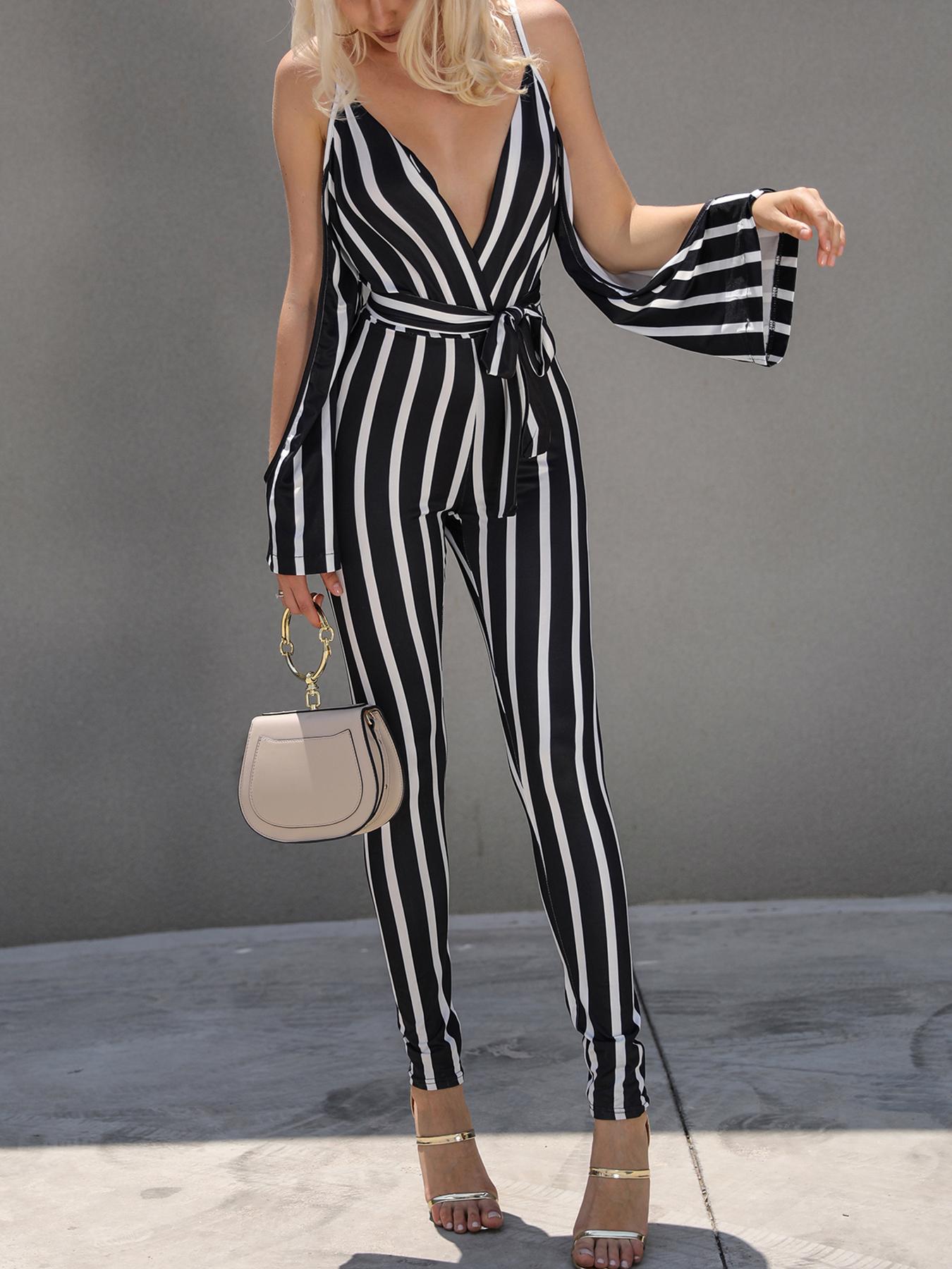 

Low Cut Striped Open Shoulder Tied Skinny Jumpsuit, Black