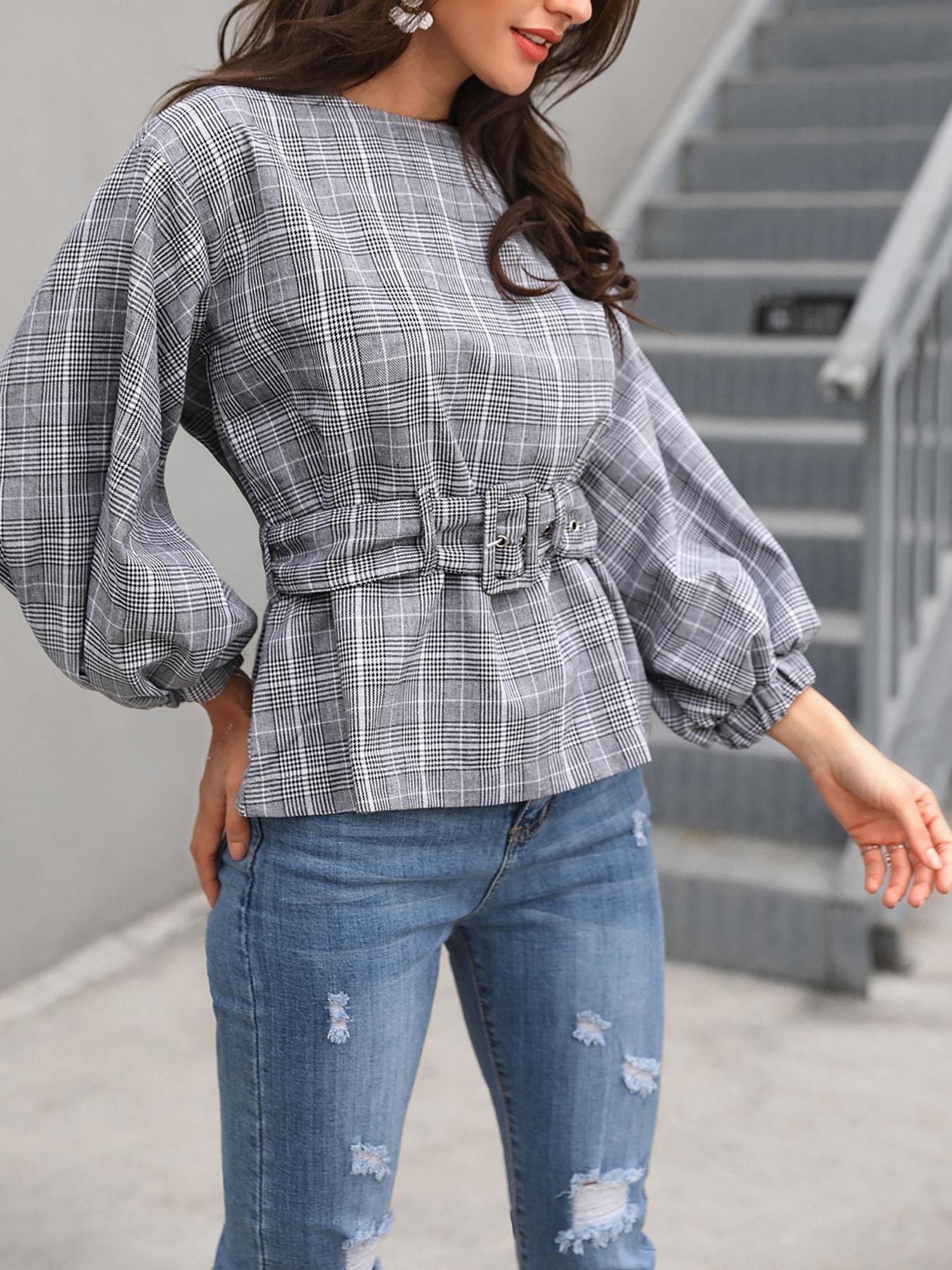 

Plaid Long Sleeve Belted Casual Top