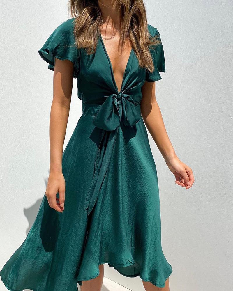

Ruffles Satin Plunge Tied Detail Casual Dress, Dark green