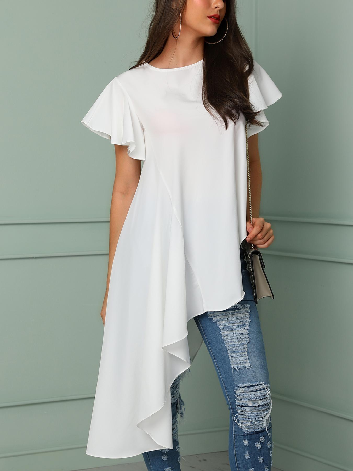 

Solid Flutter Sleeve Irregular T-shirt, White