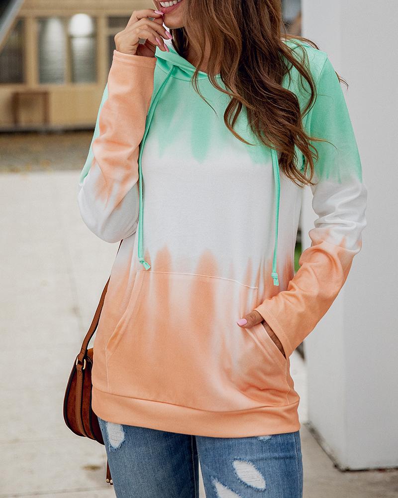 

Colorblock Long Sleeve Drawstring Design Pocket Sweatshirt, Green