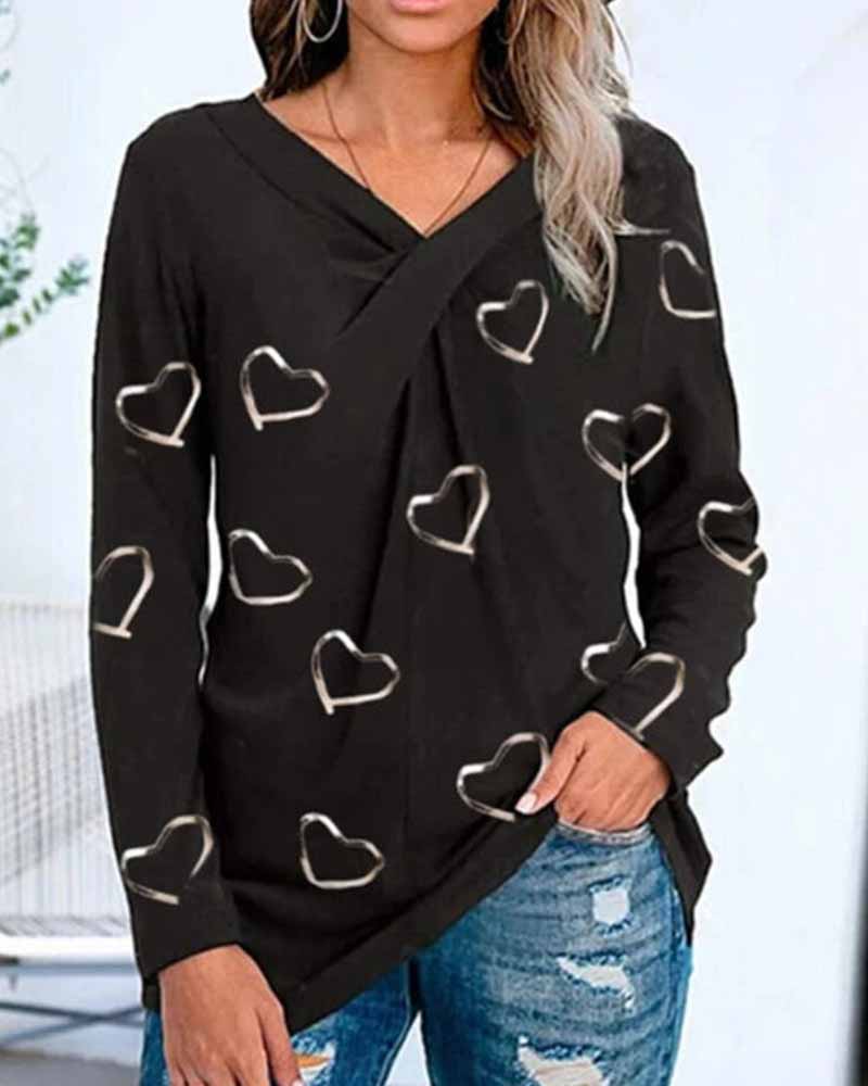 

Heart Print Long Sleeve Loose T-shirts, Black