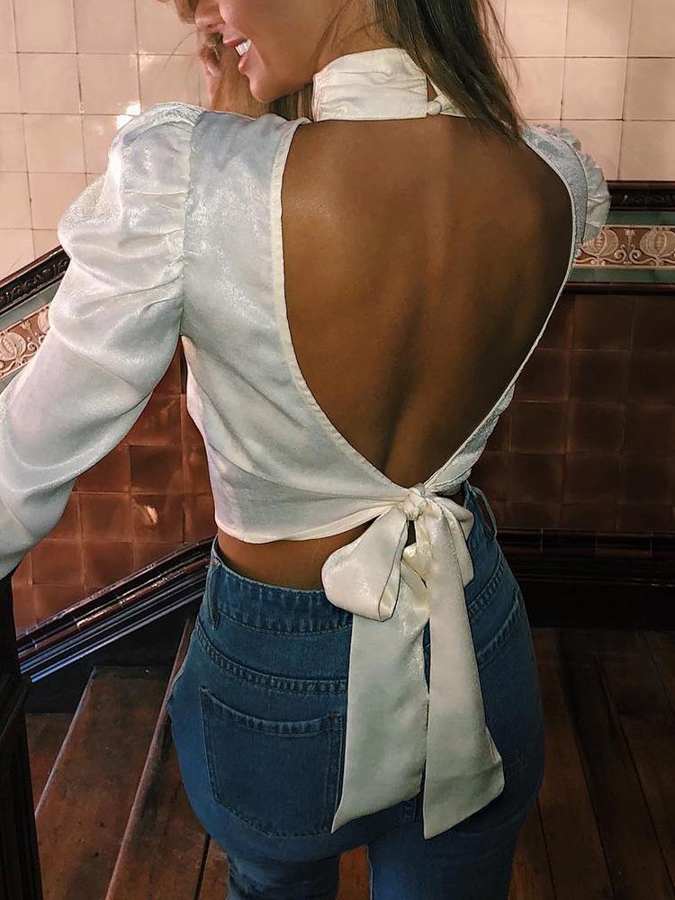 

Open Back Tied Detail Puffed Sleeve Top, White