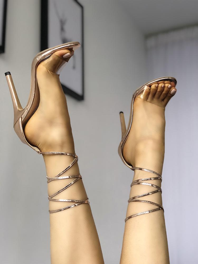 

Transparent Single Strap Lace Up High-heeled Sandals, Gold