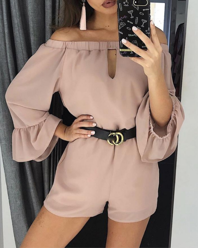 

Off Shoulder Ruffles Cuff Casual Romper, Nude