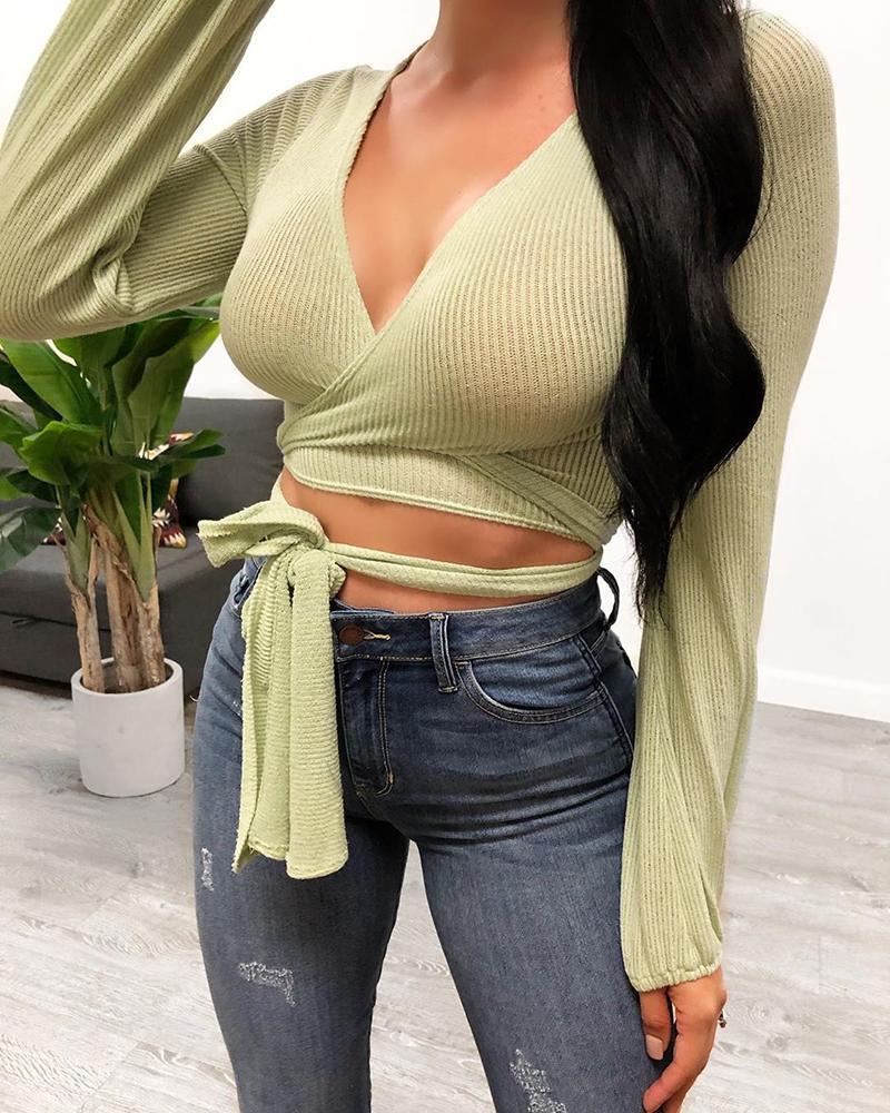 

Deep V-Neck Bandage Detail Casual Blouse