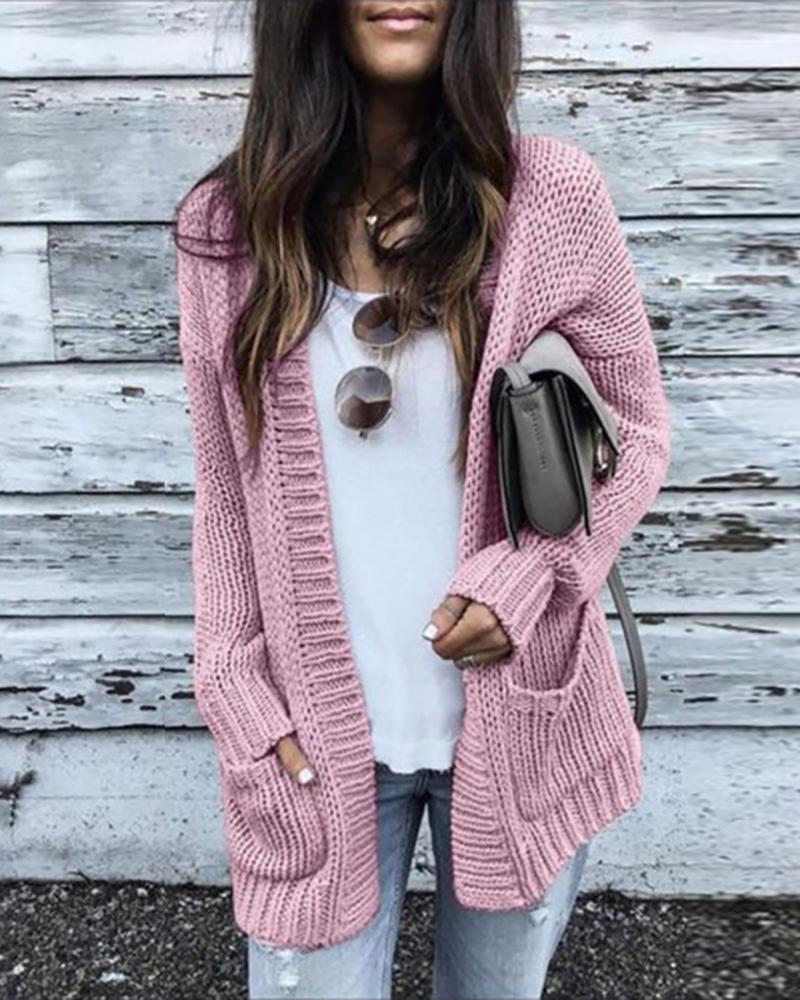 

Solid Long Sleeve Pocket Design Casual Cardigan, Pink