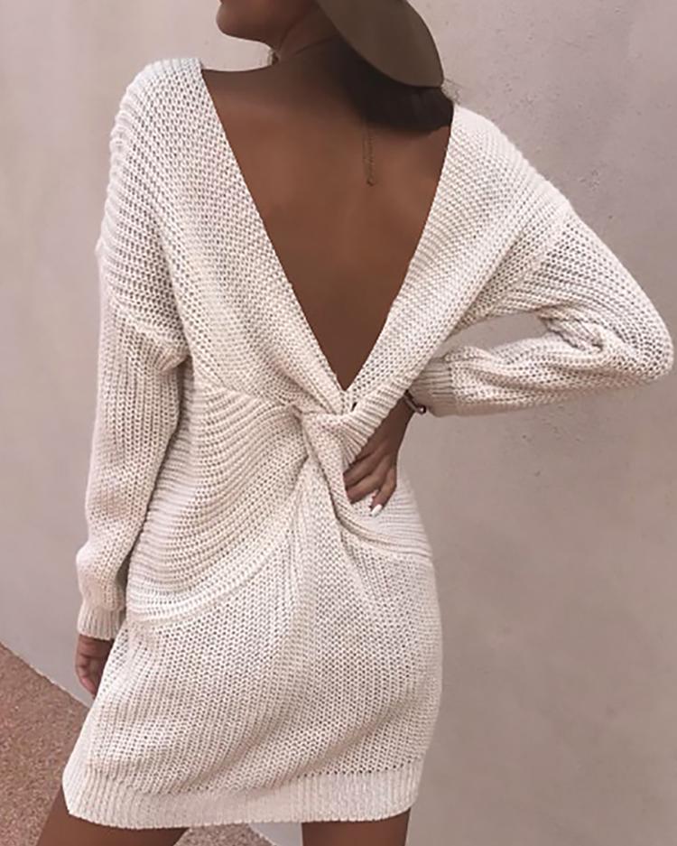

Crisscross Open Back Long Sleeve Sweater, White