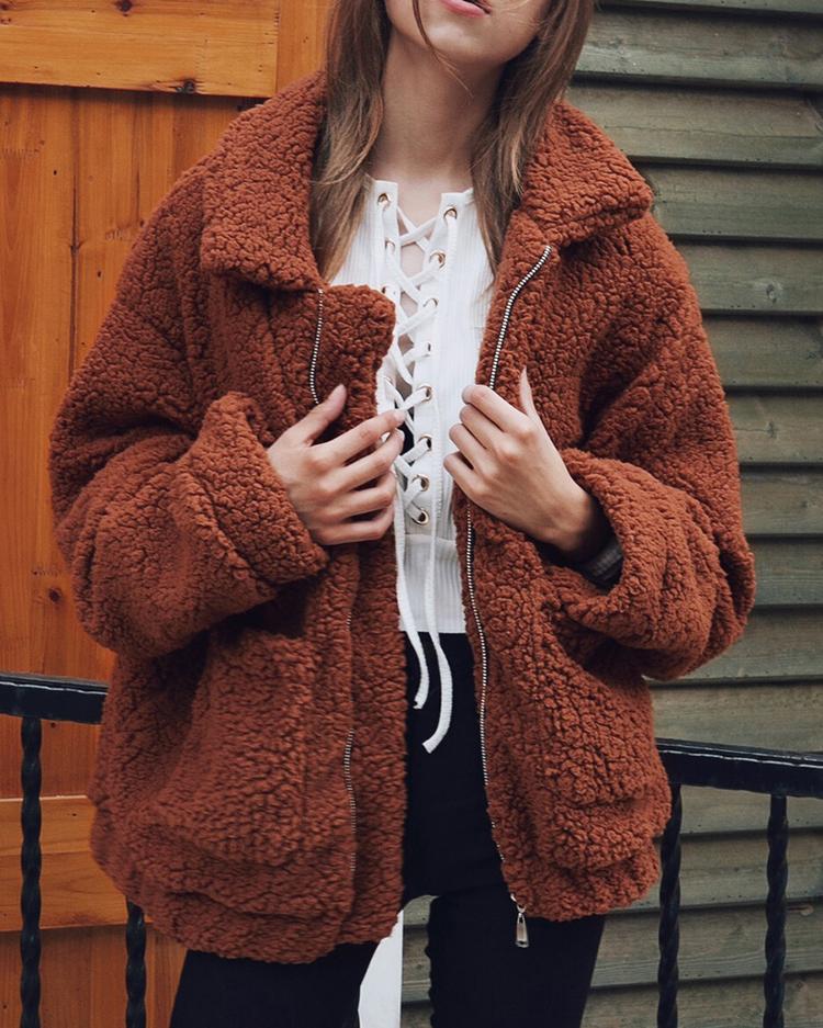 

Fluffy Zipper Up Pocket Design Oversized Coat, Coffee